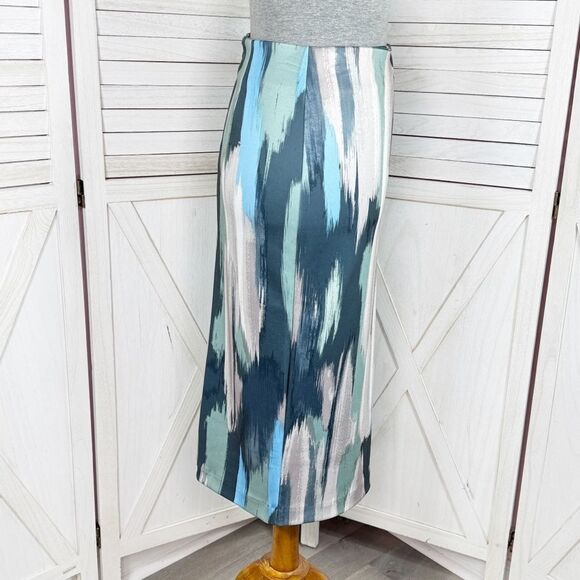NY & Comp. Paint Stroke Print Stretch Scuba Knit Pencil Skirt Blue Grey 2 - Picture 3 of 13